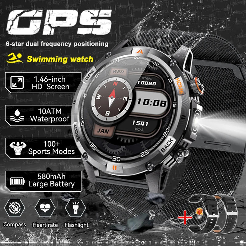2026 GPS Military Smart Watches Men 10ATM Waterproof Call LED Flashlight 1.46" Rugged Tactical Watch Compass Fitness Smartwatch