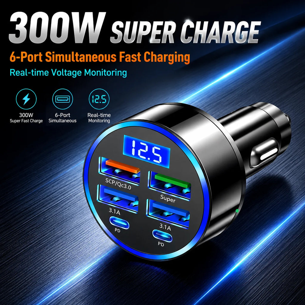 300W 6-Port Car Charger Dual Type-C PD QC3.0 Digital Display Fast Charging for Smartphones Tablets Power Banks Black