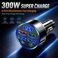 300W 6-Port Car Charger Dual Type-C PD QC3.0 Digital Display Fast Charging for Smartphones Tablets Power Banks Black