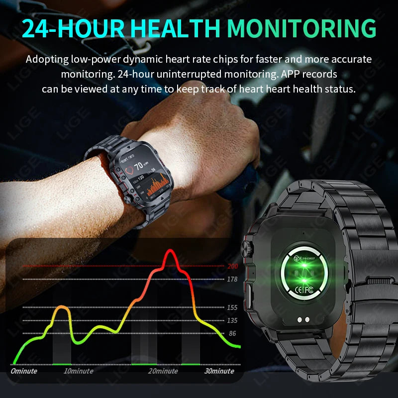 LIGE Military Smart Watch Men Outdoor Sports 3ATM Waterproof  Blood Oxygen Bluetooth Call Watches Men Smartwatch For Android New
