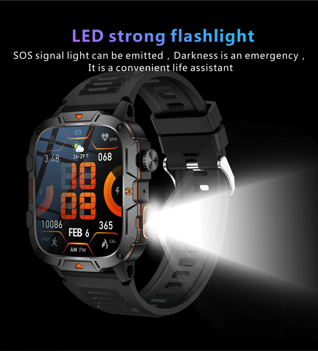2026 New Rugged Smart Watch Men 1.96" AMOLED BT Call 5ATM Waterproof GPS Heart Rate Monitor LED Flashlight Military Sports Watch