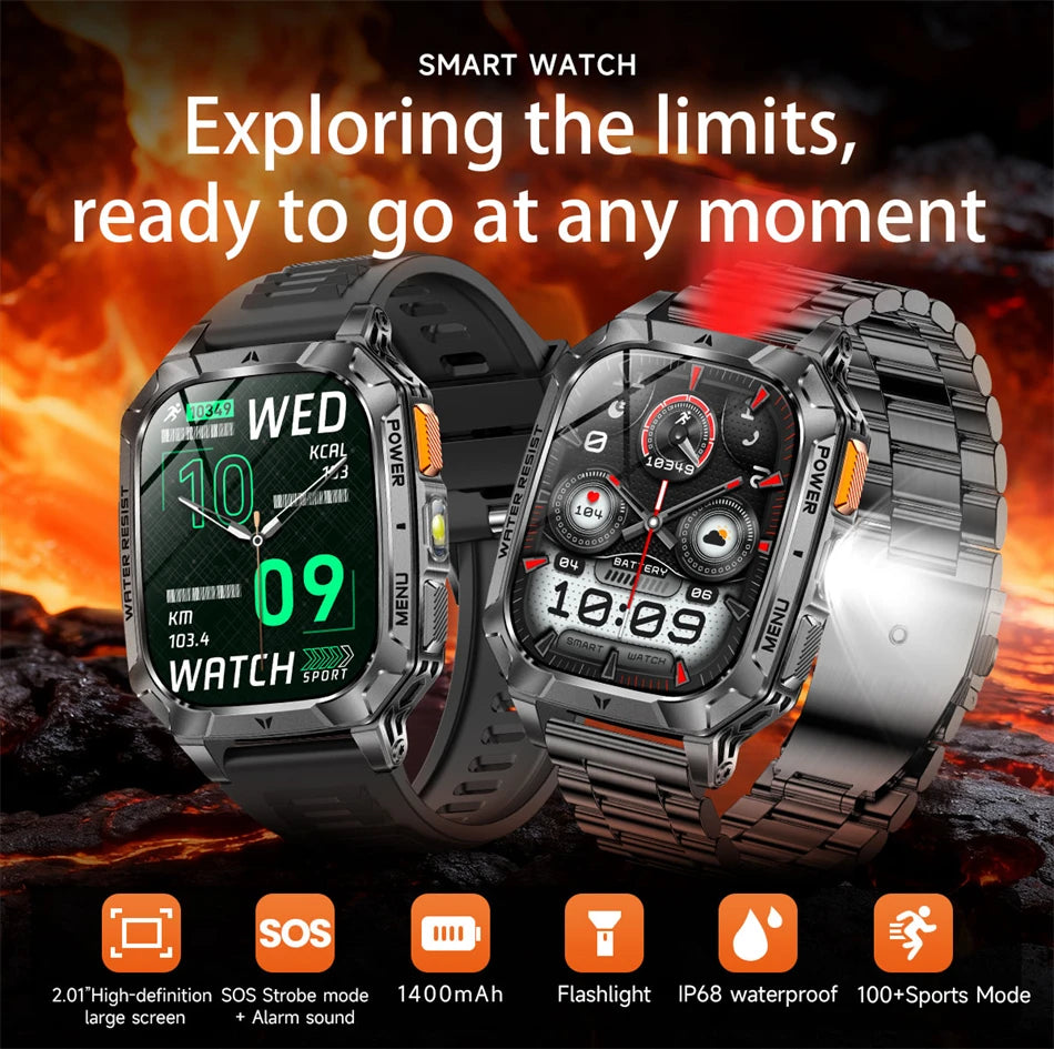 Rugged Military 1400mAh Battery Smart Watch Fitness Tracking IP68 Waterproof Tactical Sports Flashlight 2026 New Men Smartwatch