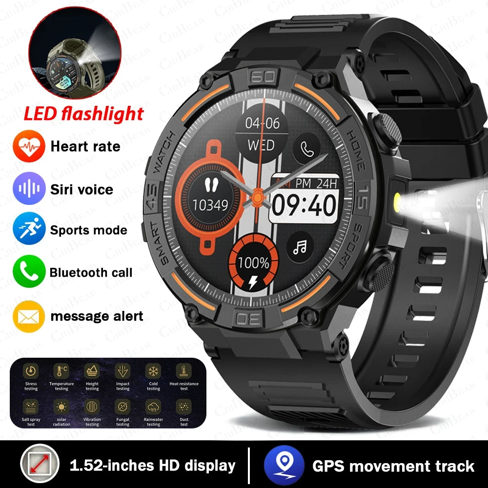 Outdoor Military Rugged Smartwatch Men Full Screen Touch 24 Hours Heart Rate 100+ Sports Mode Bluetooth Call Smartwatch