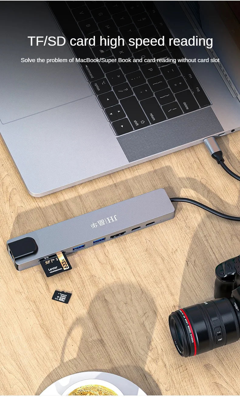 Jinhua 8-in-1 Type-C Docking Station With HDMI 4K, USB 3.0, 100Mbps Ethernet, SD/TF, PD Charging For Laptop