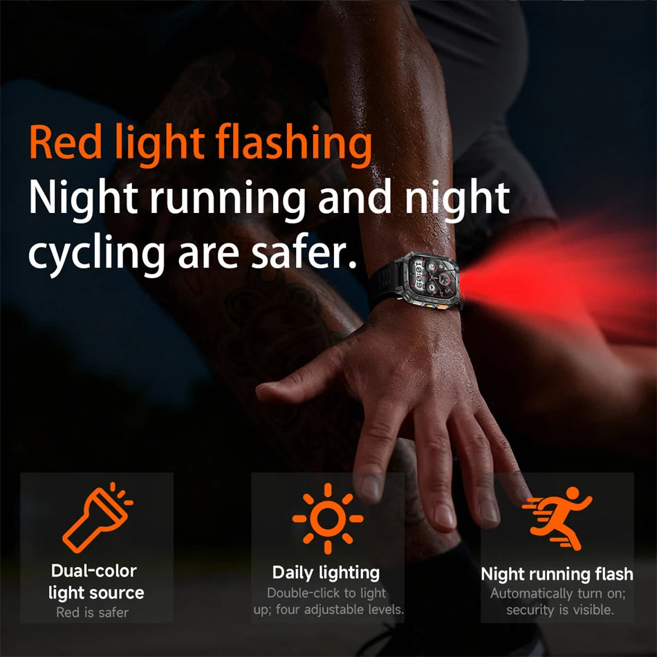 Rugged Military 1400mAh Battery Smart Watch Fitness Tracking IP68 Waterproof Tactical Sports Flashlight 2026 New Men Smartwatch