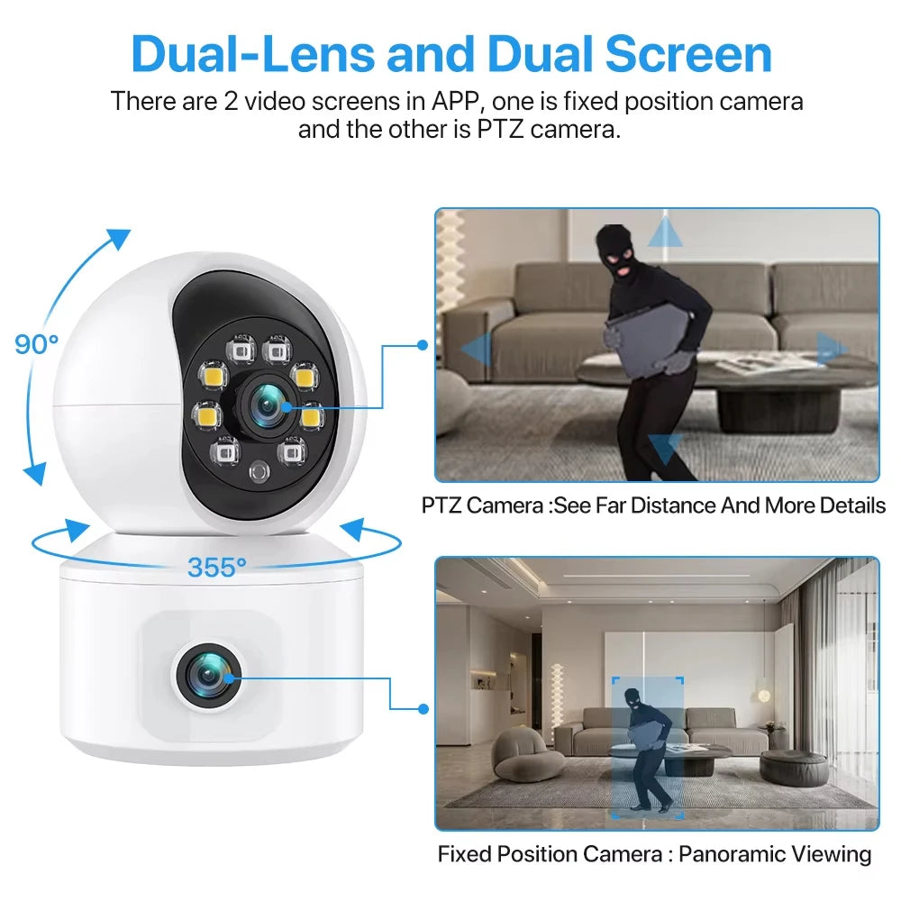6MP iCsee WiFi IP Camera Dual Lens Dual Screen PTZ Auto Tracking Home Security Camera Baby Monitor CCTV Video Surveillance Cam