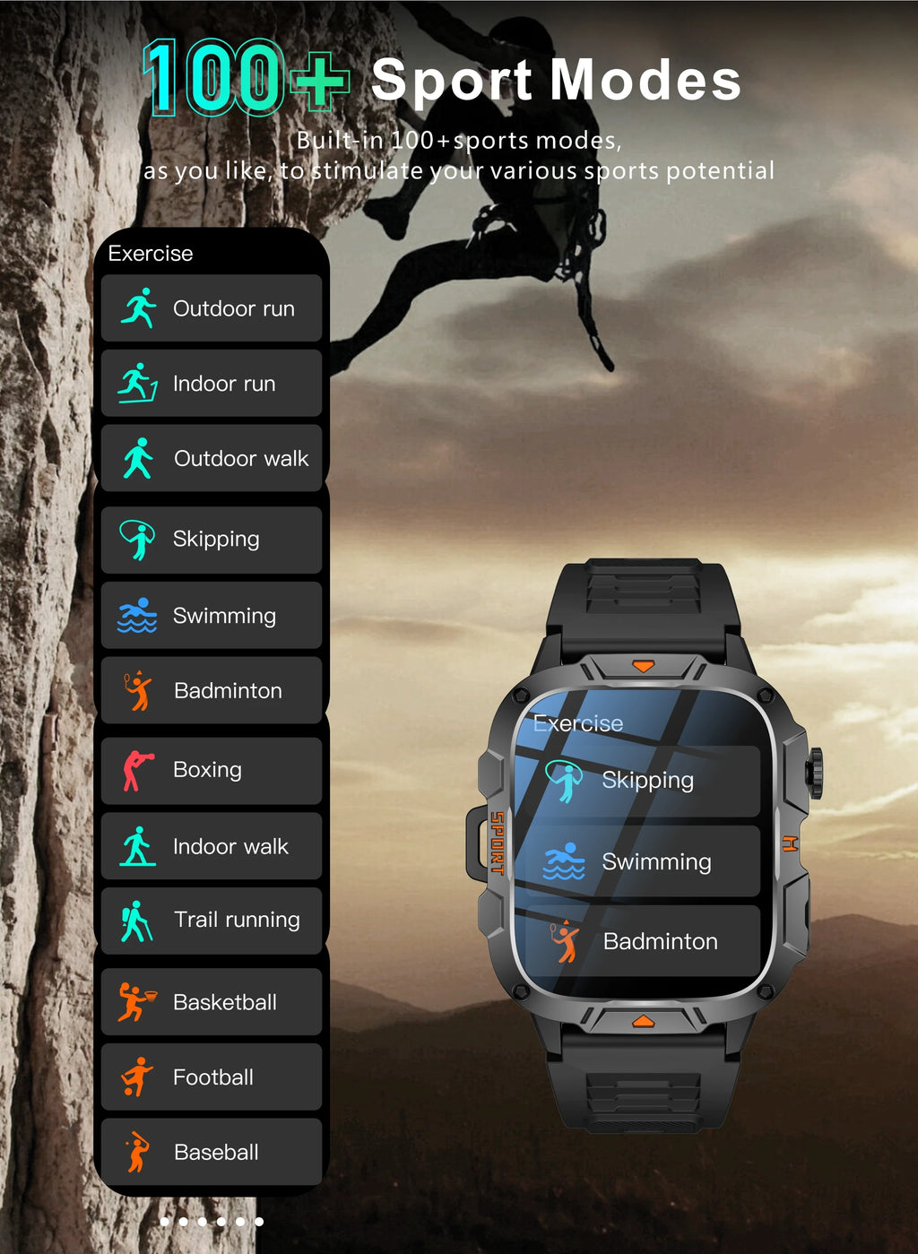 2026 New Rugged Smart Watch Men 1.96" AMOLED BT Call 5ATM Waterproof GPS Heart Rate Monitor LED Flashlight Military Sports Watch