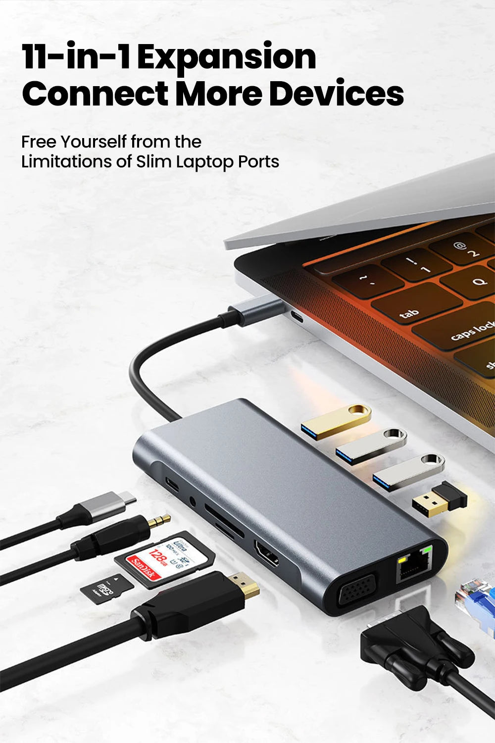 11-in-1 Type-C Docking Station USB C Splitter to USB3.0/USB2.0/4K HDMI/VGA/PD 87W/100M RJ45/AUX/SD/TF Adapter For Laptop Macbook