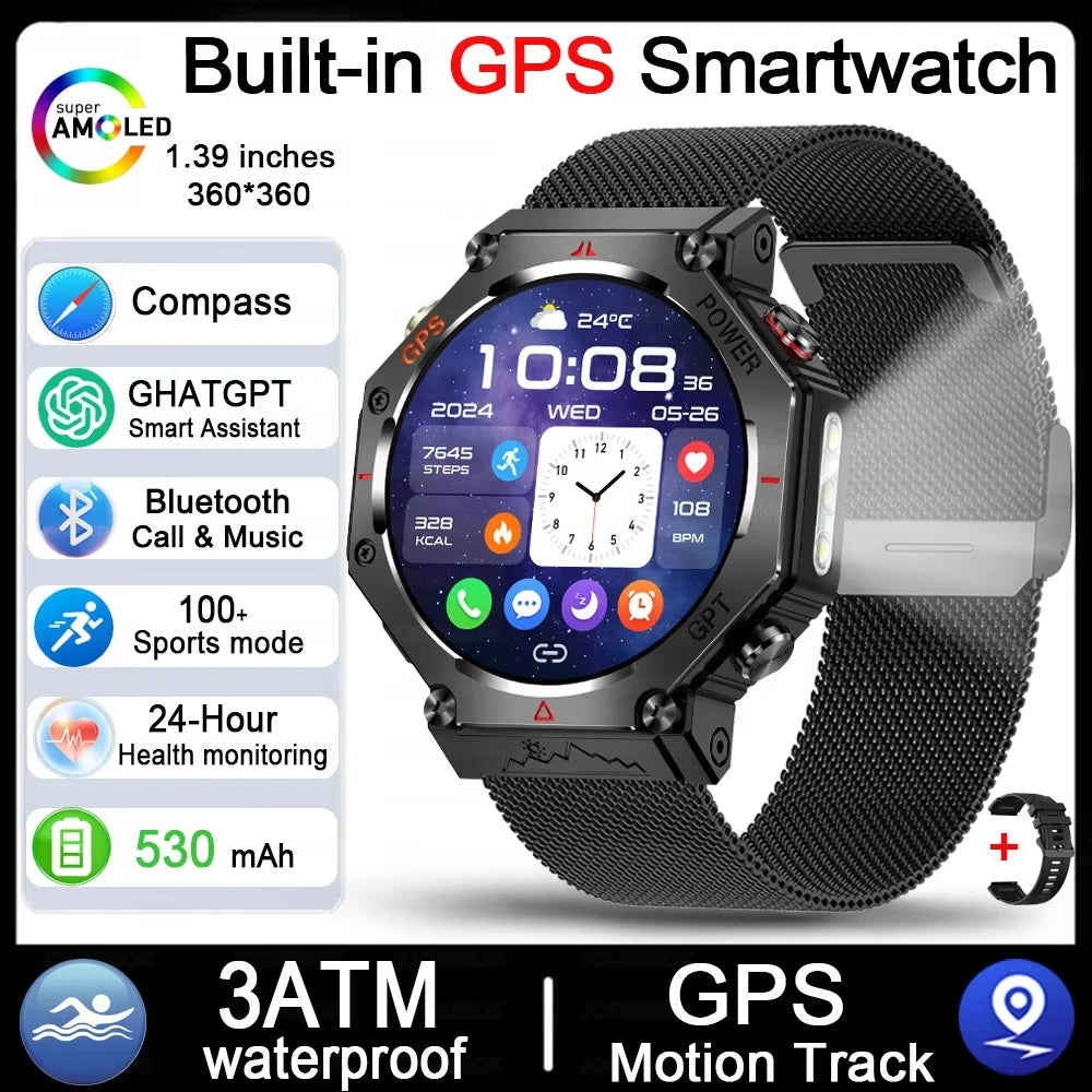 2026 NEW Military Outdoor GPS Sports Smart Watch Men 1.39" 5ATM Waterproof 530mAh ChatGPT AI Assistant Compass Smartwatch
