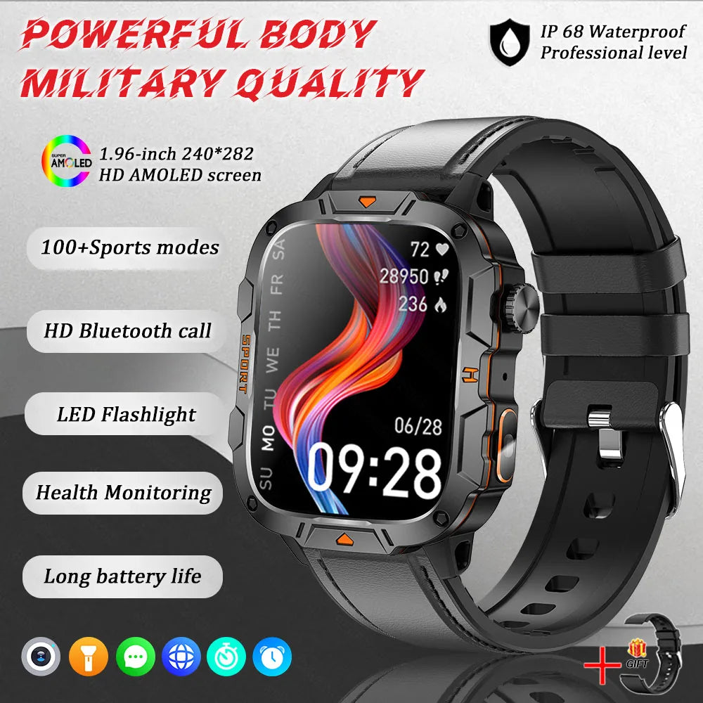 2026 New Rugged Smart Watch Men 1.96" AMOLED BT Call 5ATM Waterproof GPS Heart Rate Monitor LED Flashlight Military Sports Watch