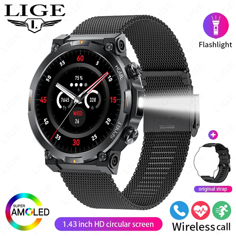 LIGE Smart Watches Men's Rugged Military Bluetooth Call IP68 Waterproof Sports Fitness Outdoor Health Smartwatch For Android IOS