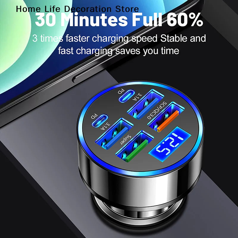 100W 6-Ports USB Type-C Car Charger With Voltage Display PD Fast Charging Power Adapter For Iphone Android Smart Phone Tablet