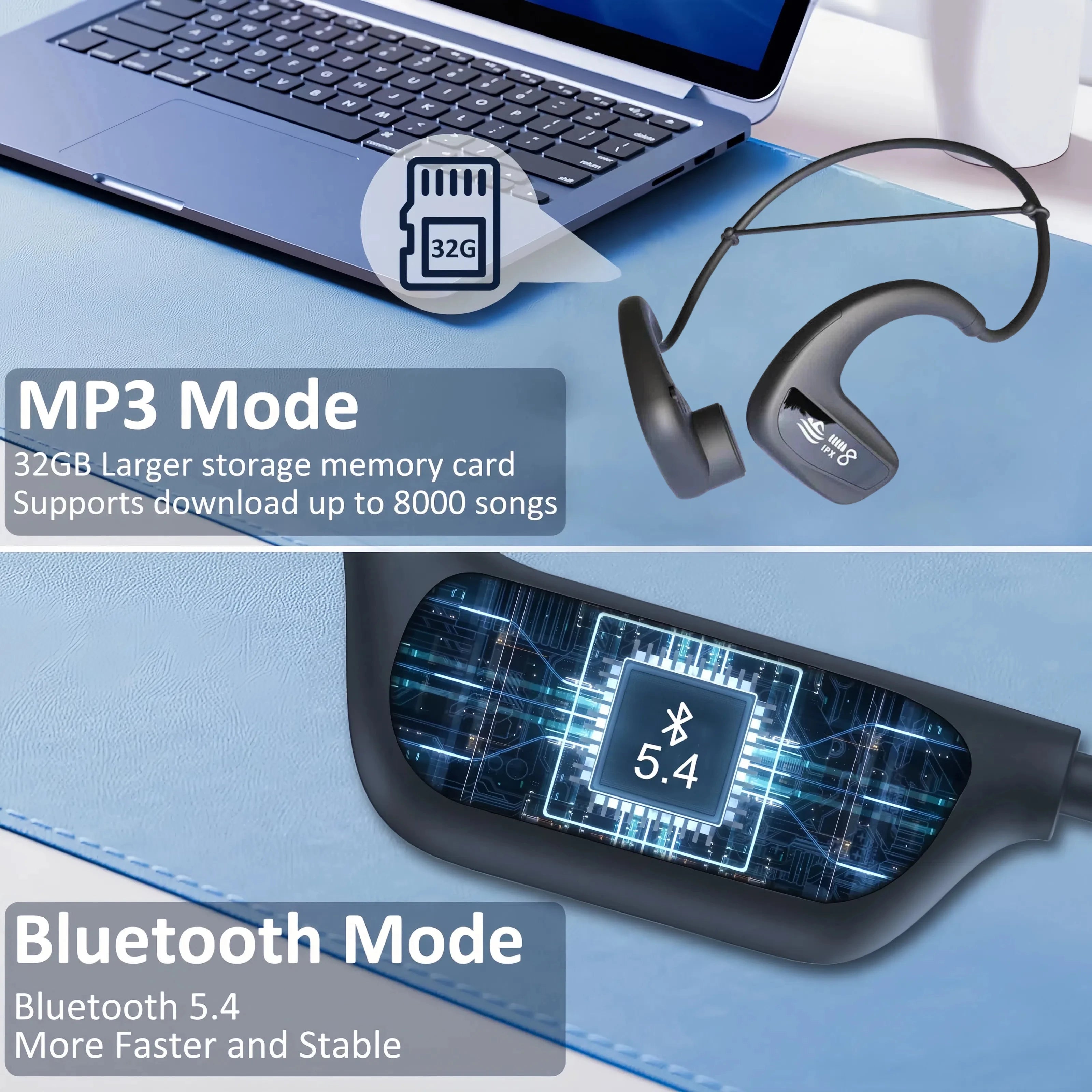 Waterproof Bluetooth IPX8 Bone Conduction Headphones Wireless Sports Earphones with 32GB Storage for Running, Diving, Swimming