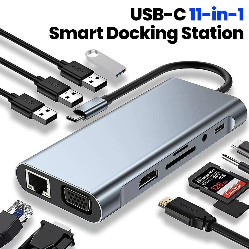 11-in-1 Type-C Docking Station USB C Splitter to USB3.0/USB2.0/4K HDMI/VGA/PD 87W/100M RJ45/AUX/SD/TF Adapter For Laptop Macbook