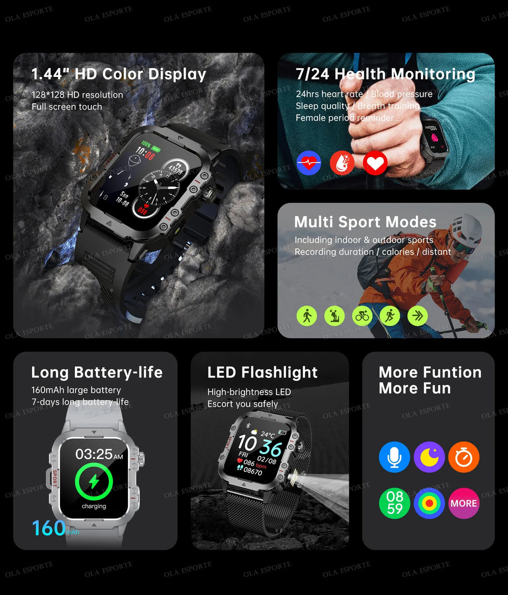Military Outdoor Smart Watch Men’s GPS Tracking Flashlight Bluetooth Call 2.01" AMOLED Screen 5ATM Waterproof Sports Smartwatch