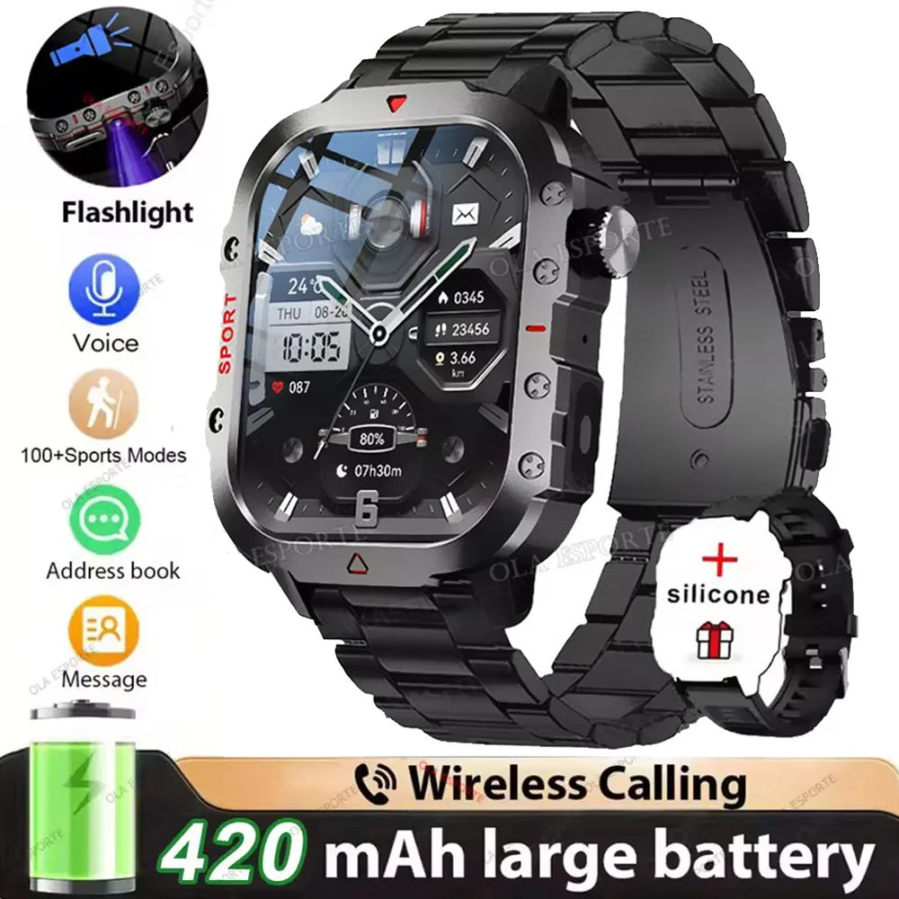 Military Outdoor Smart Watch Men’s GPS Tracking Flashlight Bluetooth Call 2.01" AMOLED Screen 5ATM Waterproof Sports Smartwatch