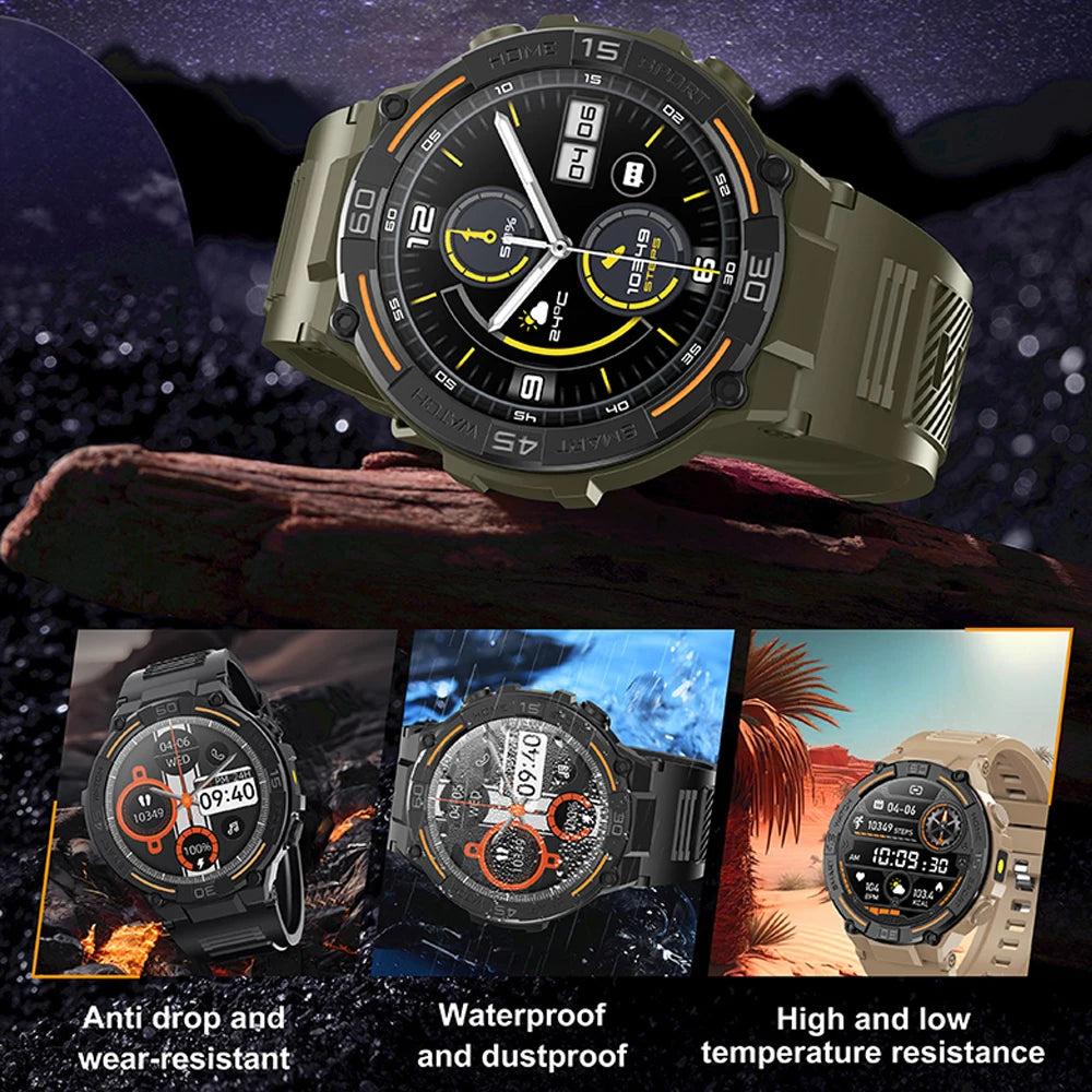 Outdoor Military Rugged Smartwatch Men Full Screen Touch 24 Hours Heart Rate 100+ Sports Mode Bluetooth Call Smartwatch