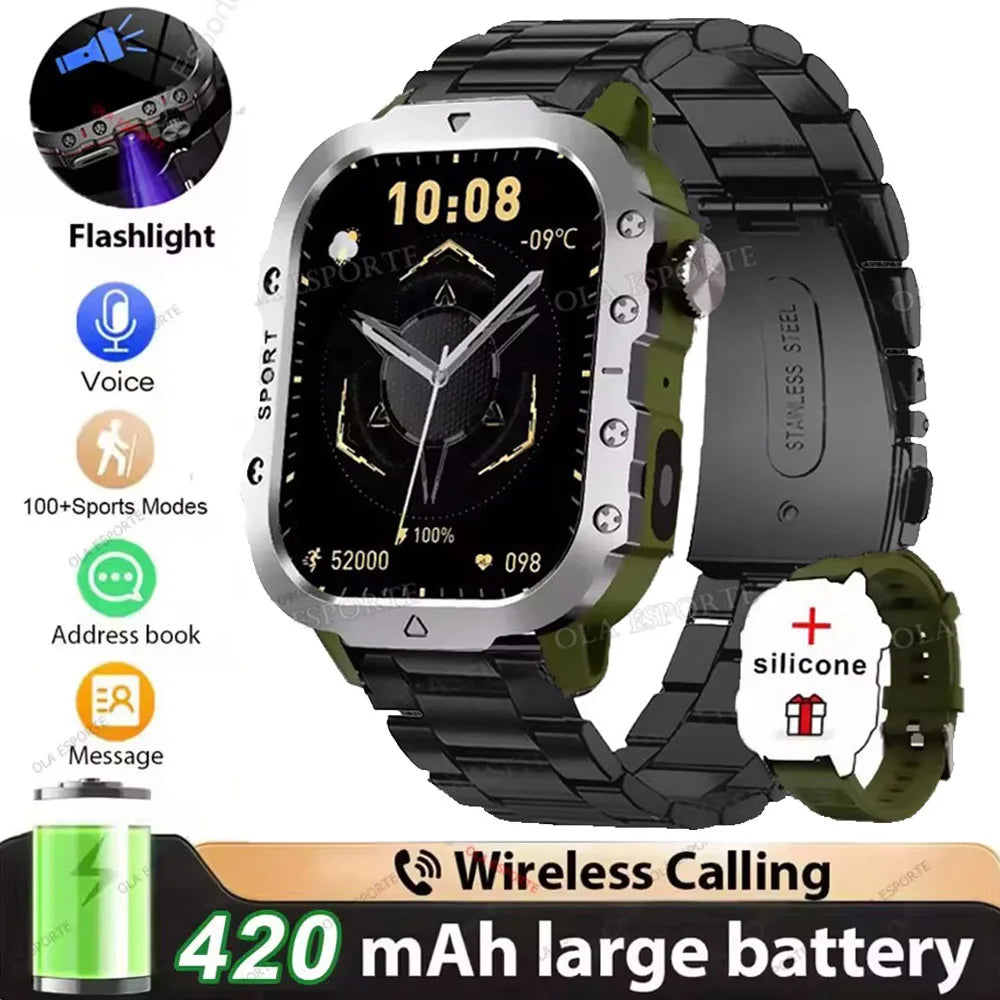 Military Outdoor Smart Watch Men’s GPS Tracking Flashlight Bluetooth Call 2.01" AMOLED Screen 5ATM Waterproof Sports Smartwatch