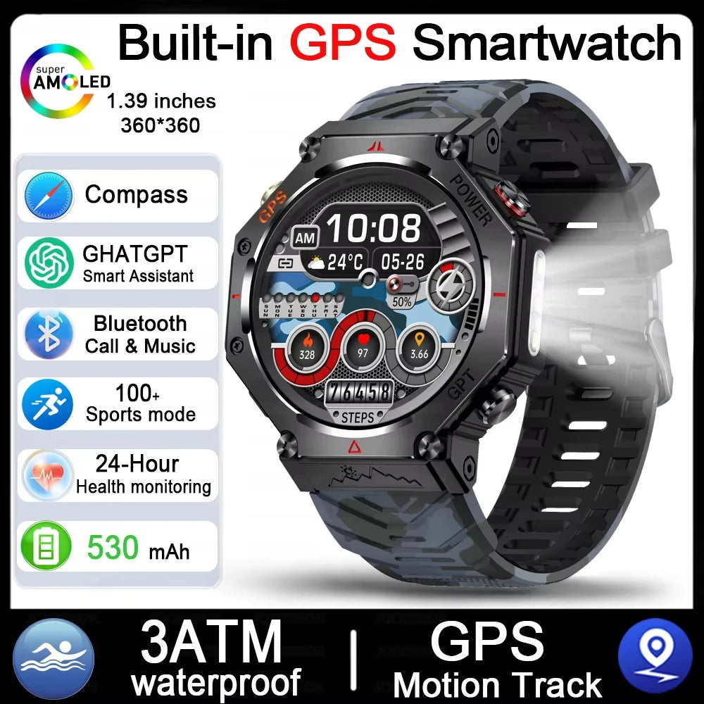 2026 NEW Military Outdoor GPS Sports Smart Watch Men 1.39" 5ATM Waterproof 530mAh ChatGPT AI Assistant Compass Smartwatch