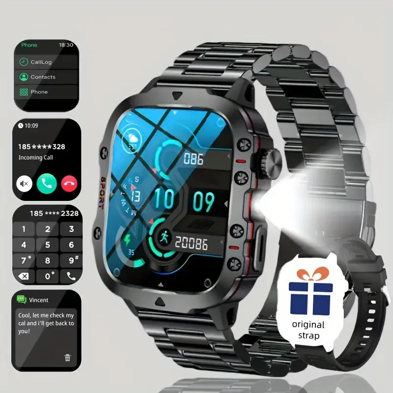 2026 Rugged Military Smart Watch Men's Outdoor Watch LED Flashlight 1.81'' HD Touch Screen Voice Bluetooth Call Smartwatch Gifts