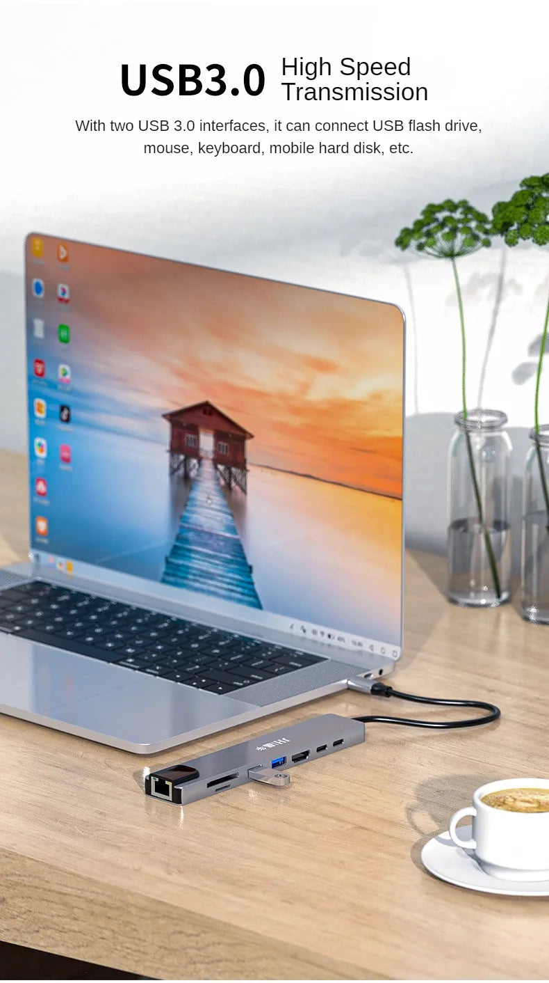 Jinhua 8-in-1 Type-C Docking Station With HDMI 4K, USB 3.0, 100Mbps Ethernet, SD/TF, PD Charging For Laptop