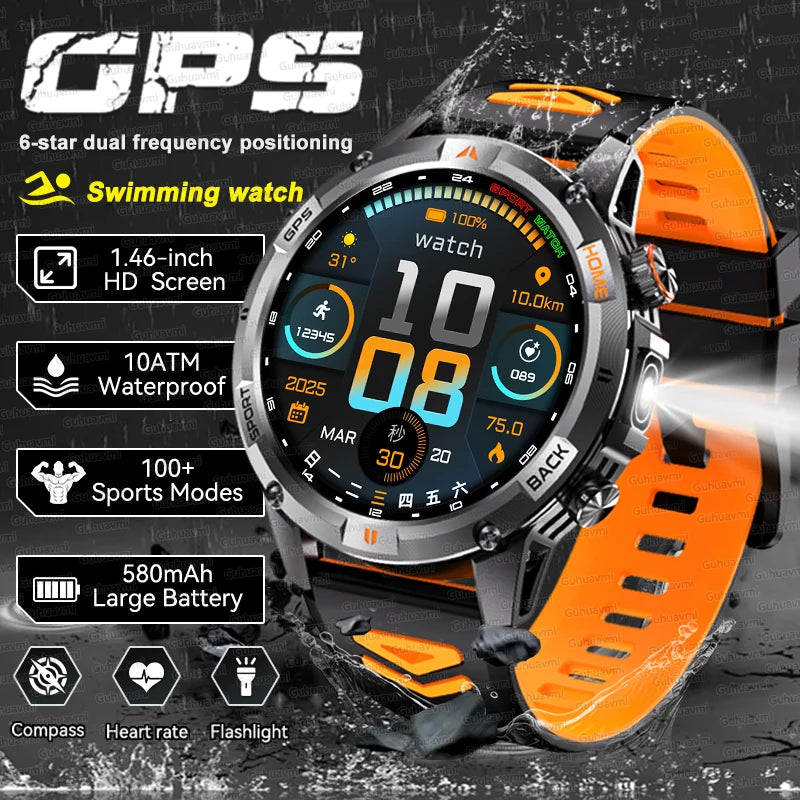 2026 GPS Military Smart Watches Men 10ATM Waterproof Call LED Flashlight 1.46" Rugged Tactical Watch Compass Fitness Smartwatch