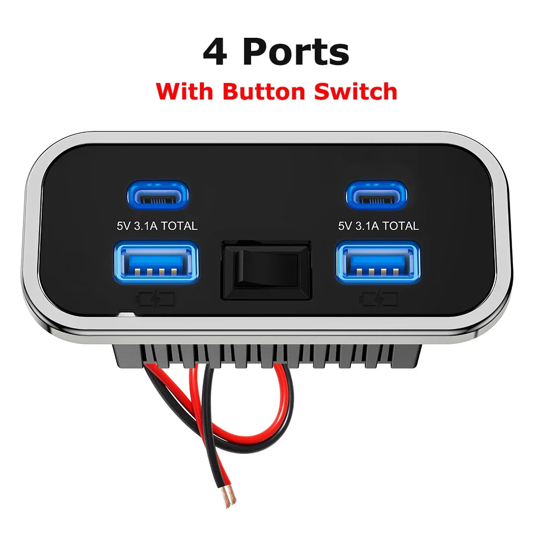 76W Dual PD Dual QC3.0 Type C USB Quick Charger 3.0 with Switch Fast Charging 4 Ports Power Panel For Bus ATV Car Truck Marine