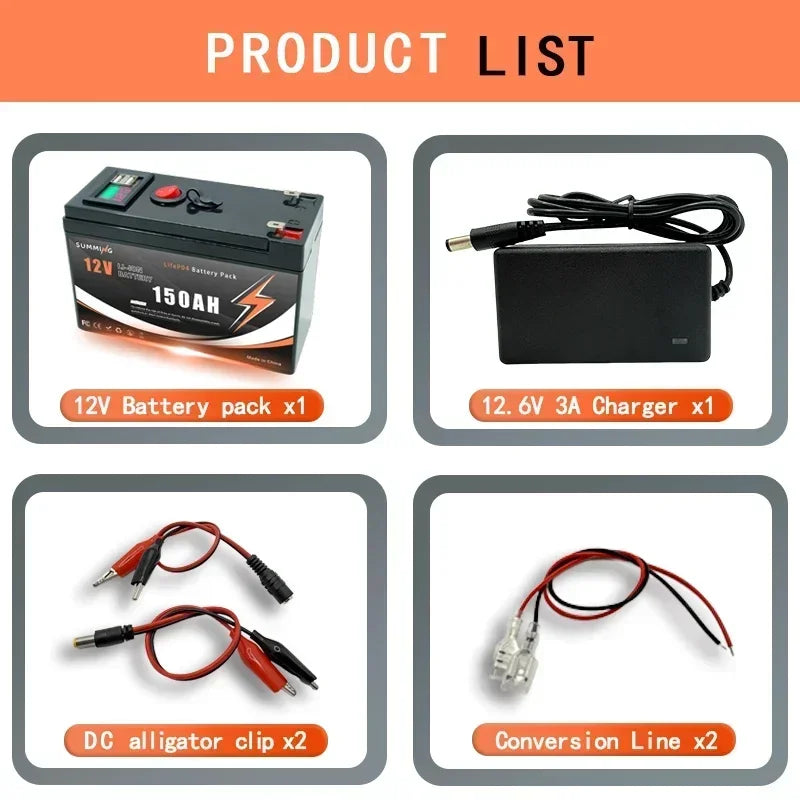 LiFePO4 12V 150Ah Lithium Battery 4000+ Deep Cycles, for Power Wheels, Radio, Kayak Fish Finder, Solar Power, Ride on Toys