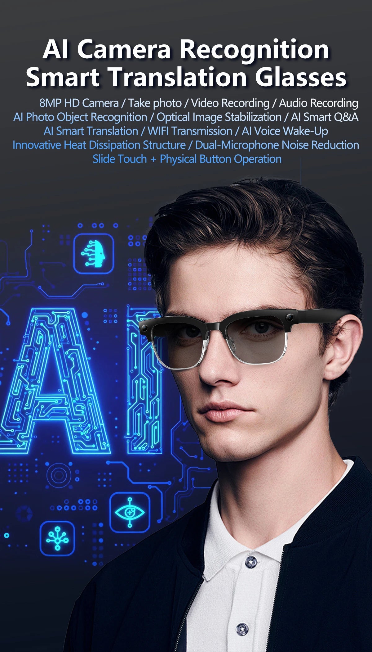 Smart Glasses 800W Camera 2026New Technologies Video Recording AI Photo Recognition Bluetooth Calls Voice Translation Sunglasses