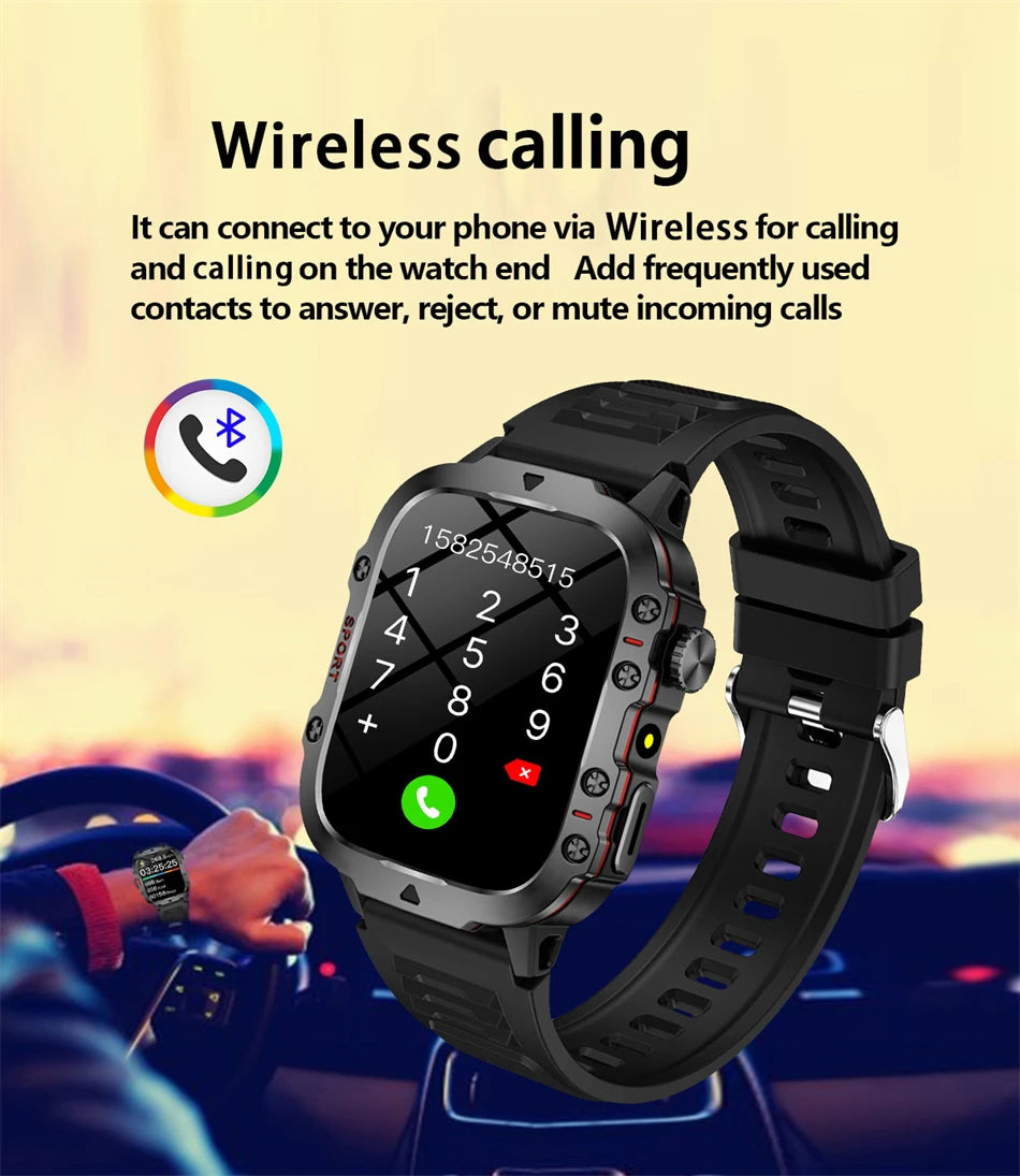 2026 Rugged Military Smart Watch Men's Outdoor Watch LED Flashlight 1.81'' HD Touch Screen Voice Bluetooth Call Smartwatch Gifts