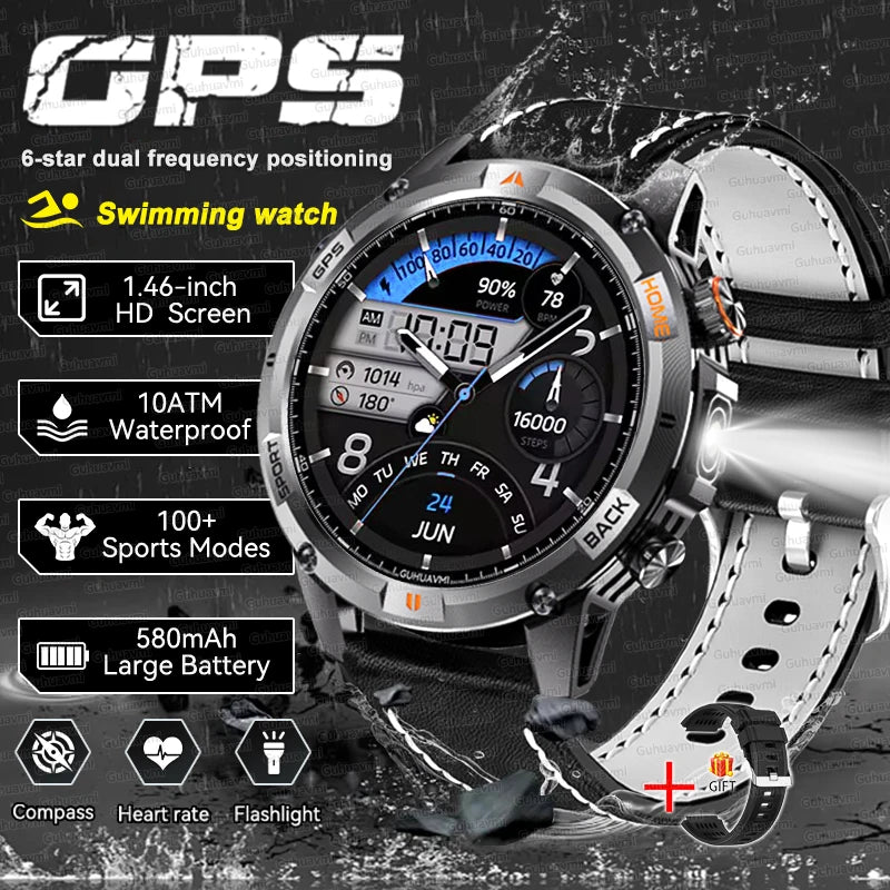 2026 GPS Military Smart Watches Men 10ATM Waterproof Call LED Flashlight 1.46" Rugged Tactical Watch Compass Fitness Smartwatch