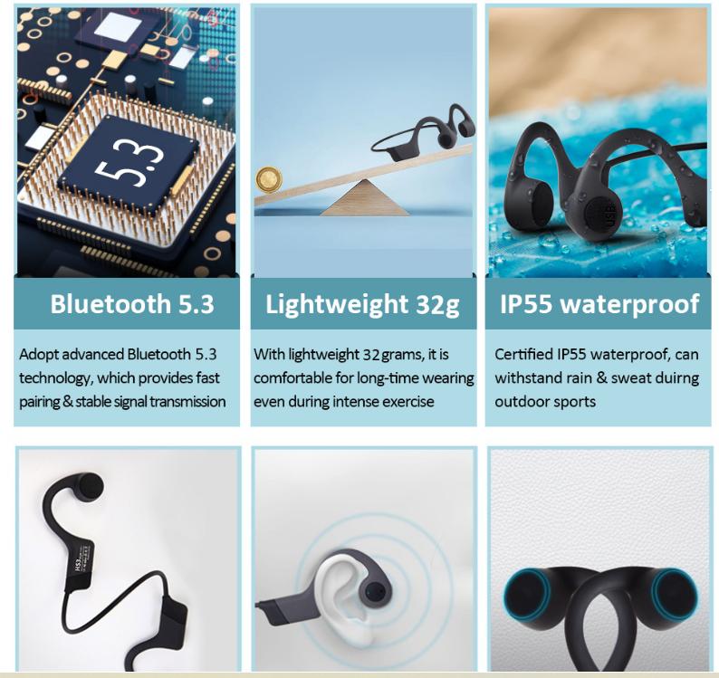 Bone Conduction Headphones Premium Open-Ear Wireless Bluetooth Sport Headphones with Microphones 20Hr Playtime Waterproof 460mah